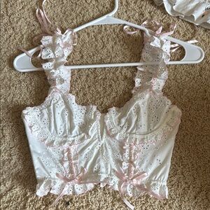 For Love And Lemons White and Pink Eyelet Tank Top